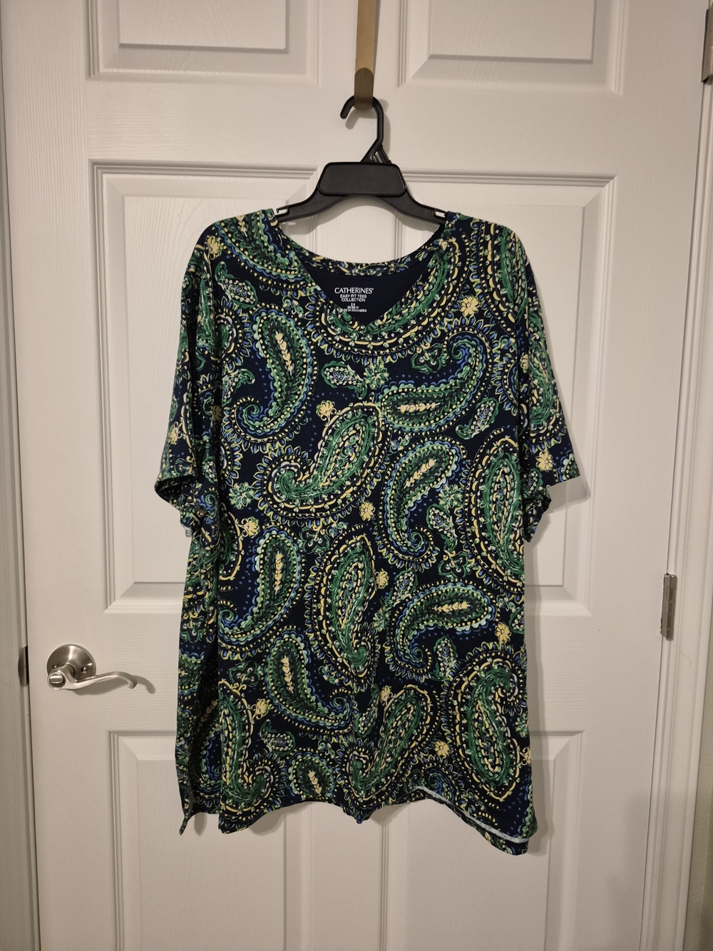 Catherines Navy, Green and Yellow Paisley Short Sleeve Top